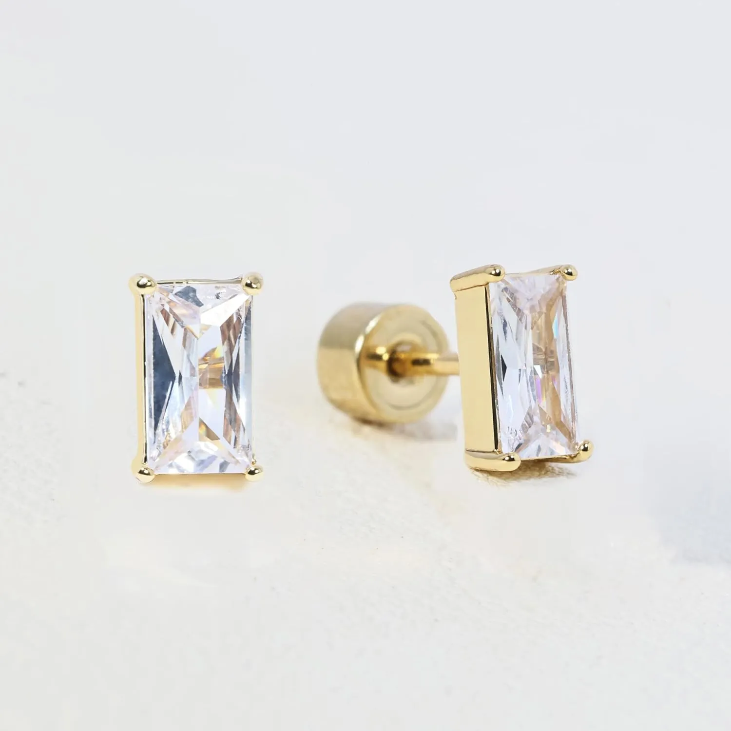 Push-in Flat Back Earrings, Hypoallergenic 14K Gold Plated Princess Cut Cubic Zirconia Stud Earrings Square CZ Studs | Cartilage Earring | Tragus Helix Piercing Jewelry | Threadless Push in Flatback Nap Earrings for Women Men