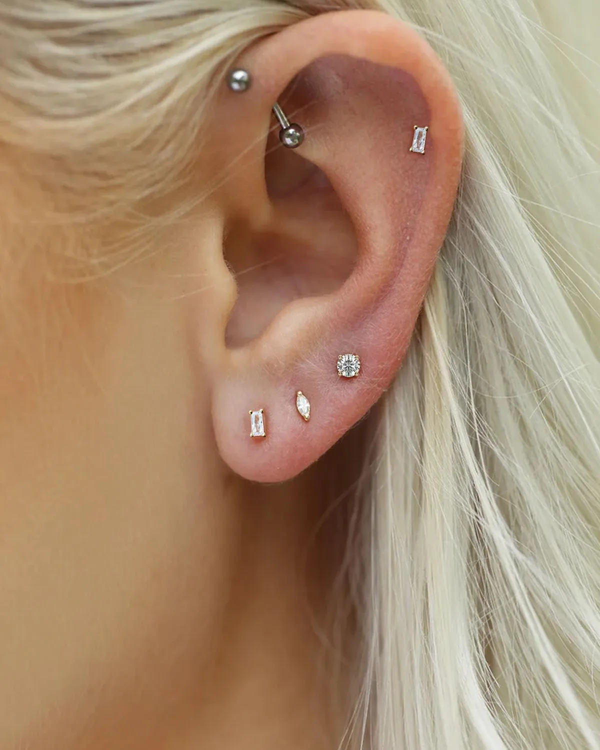 Push-in Flat Back Earrings, Hypoallergenic 14K Gold Plated Princess Cut Cubic Zirconia Stud Earrings Square CZ Studs | Cartilage Earring | Tragus Helix Piercing Jewelry | Threadless Push in Flatback Nap Earrings for Women Men