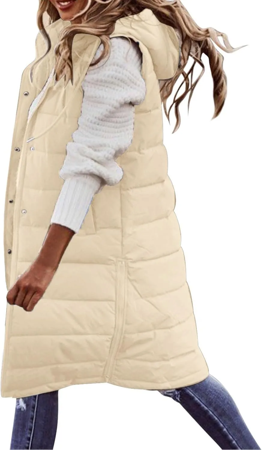 Quilted Jackets for Women Long Down Jacket Vest Fleece Jacket Long Warm Winter Coat Outerwear Zip Up Hoodie Pockets