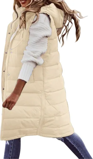 Quilted Jackets for Women Long Down Jacket Vest Fleece Jacket Long Warm Winter Coat Outerwear Zip Up Hoodie Pockets