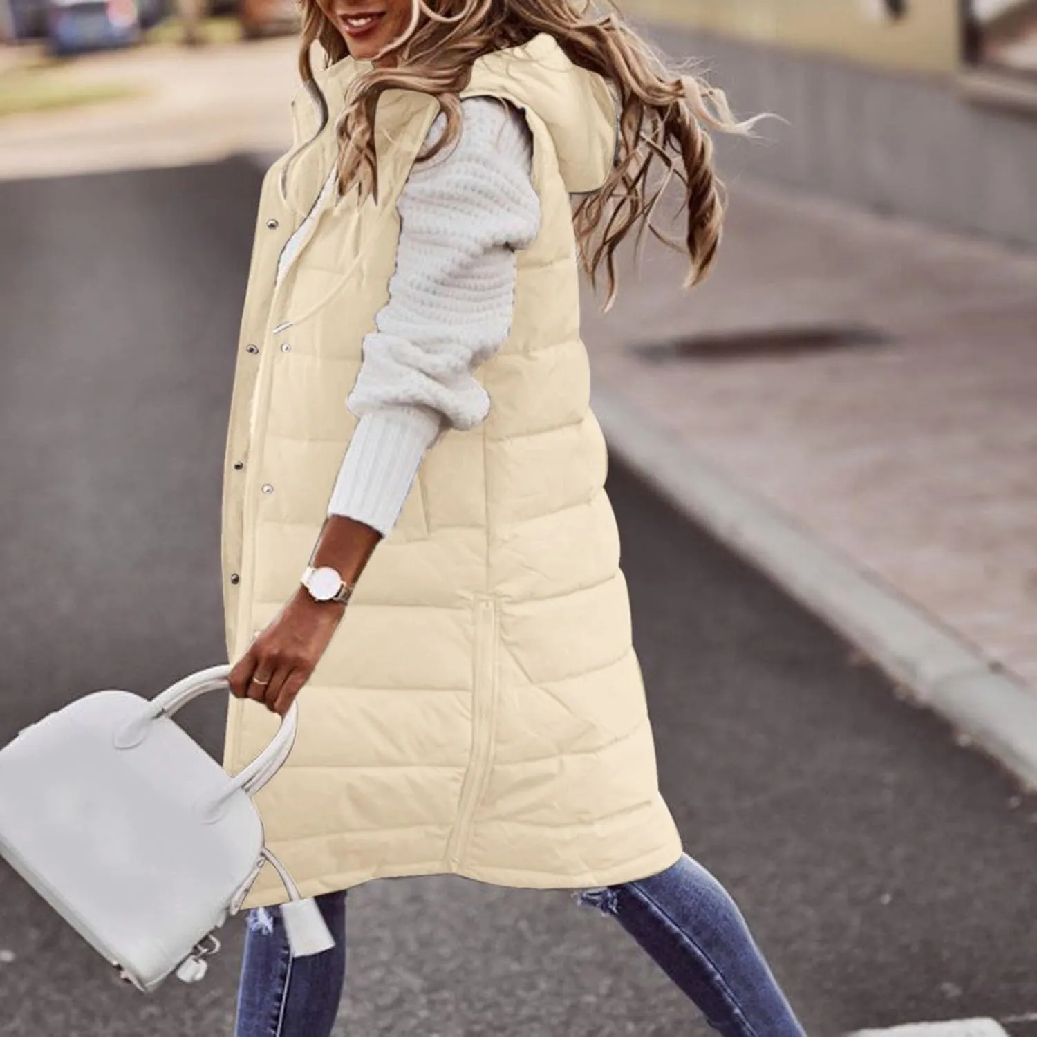 Quilted Jackets for Women Long Down Jacket Vest Fleece Jacket Long Warm Winter Coat Outerwear Zip Up Hoodie Pockets