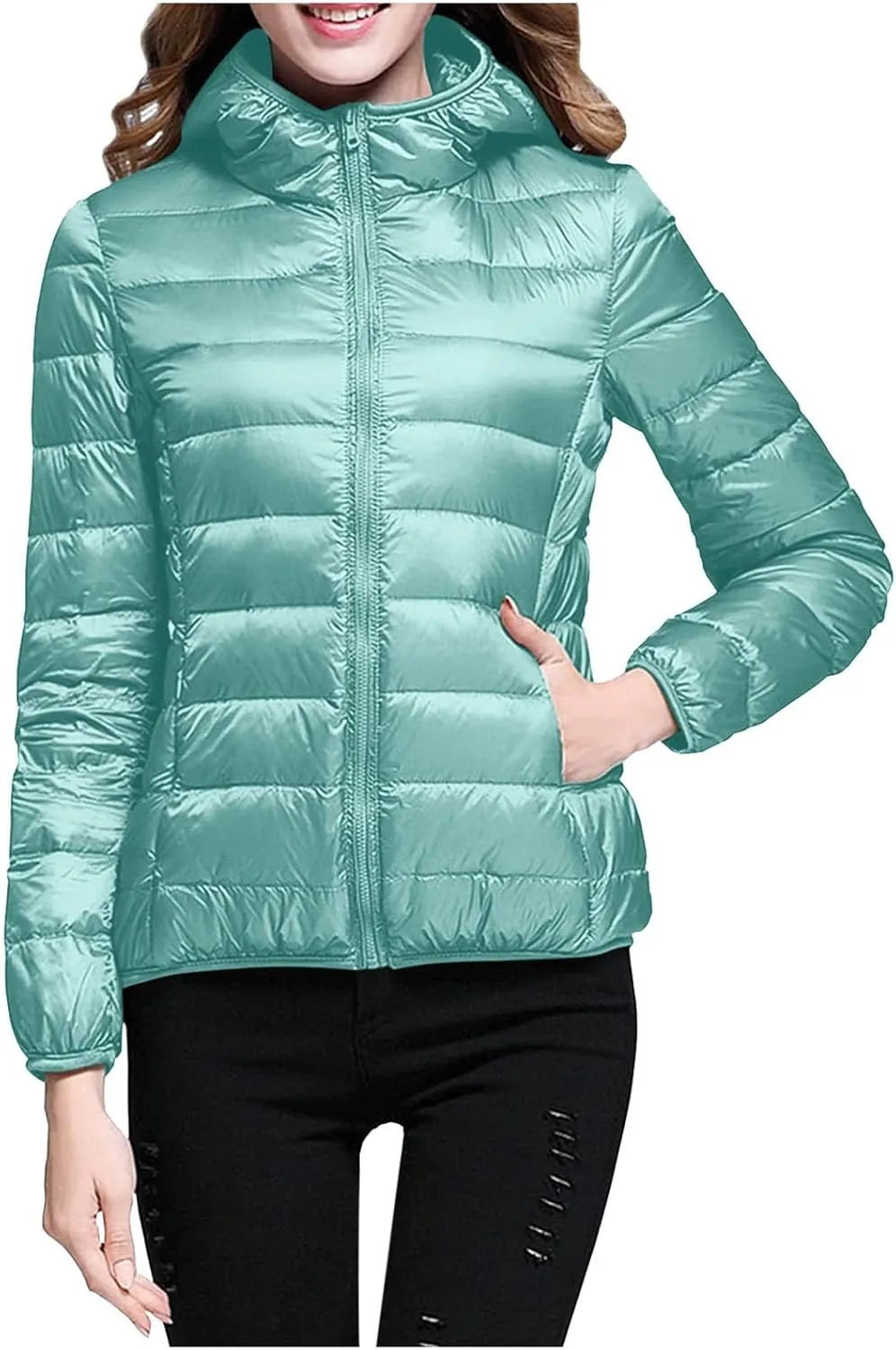Quilted Jackets for Women Warm Hooded Down Jacket Packable Short Fall Jacket Zip Hooded Winter Coats with Pockets