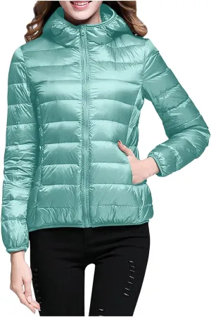 Quilted Jackets for Women Warm Hooded Down Jacket Packable Short Fall Jacket Zip Hooded Winter Coats with Pockets