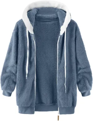 QWENTMTNTY Women Sherpa Lined Fleece Jacket Plus Size Casual Fuzzy Fashion Winter Jackets Lightweight Hooded Faux Fur Coat