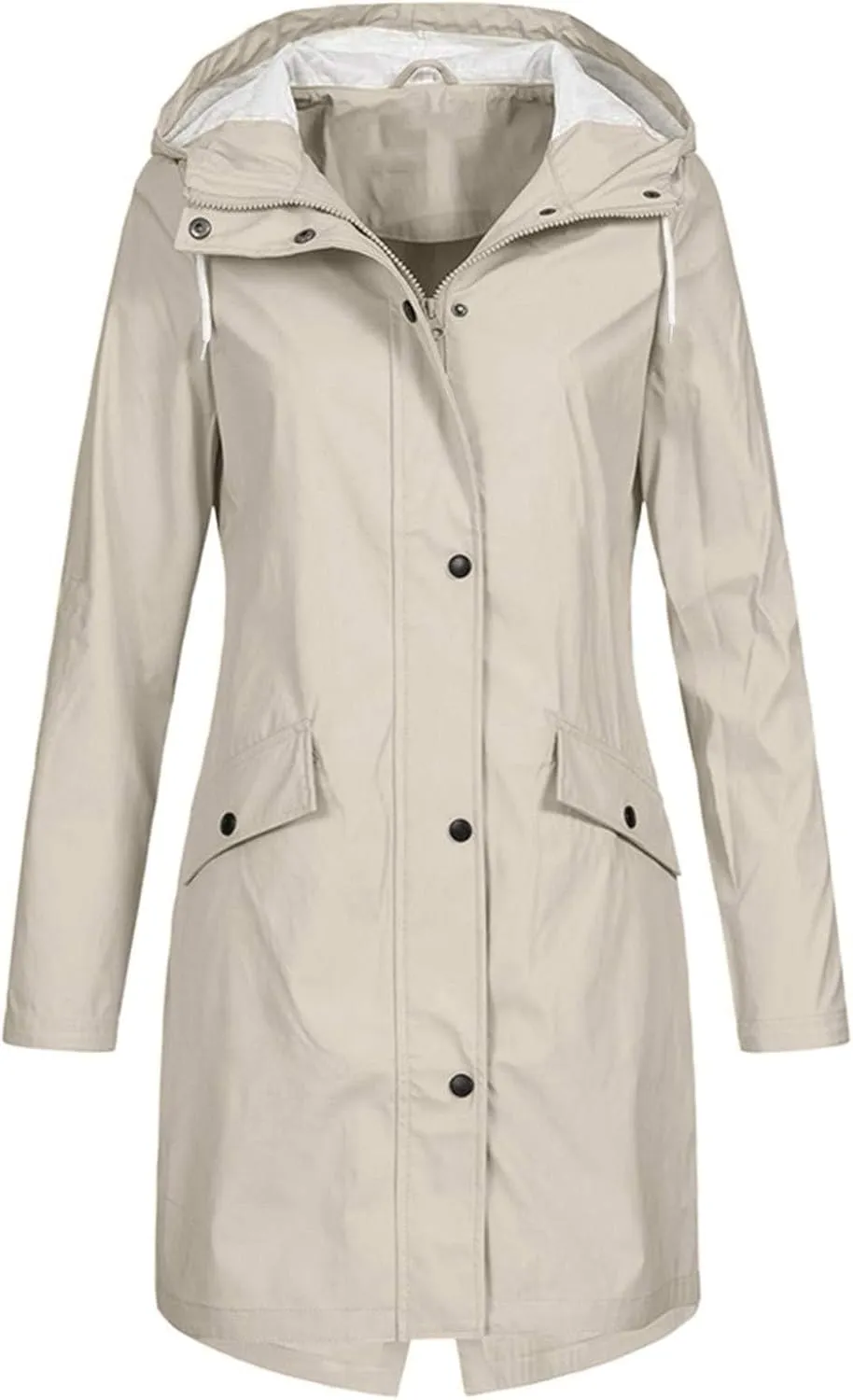 Rain Jacket Womens Waterproof with Hood Rain Coat Full Zip Up Button Down Trench Coats Solid Color Long Windbreaker