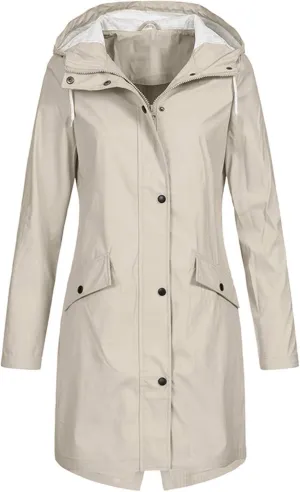 Rain Jacket Womens Waterproof with Hood Rain Coat Full Zip Up Button Down Trench Coats Solid Color Long Windbreaker