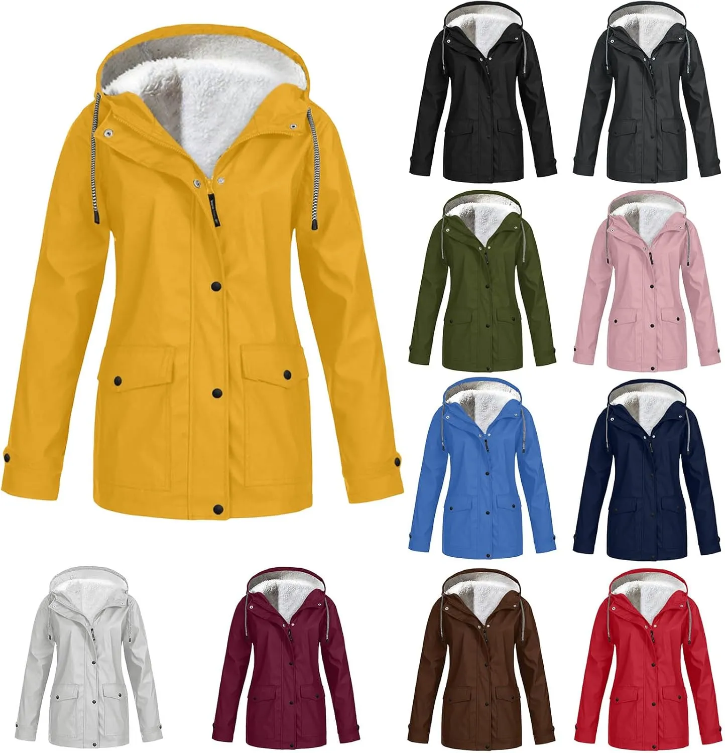 Raincoats for Women with Hood Fleece Lined Windbreaker Jacket Lightweight Hooded Rain Coat Waterproof Jacket