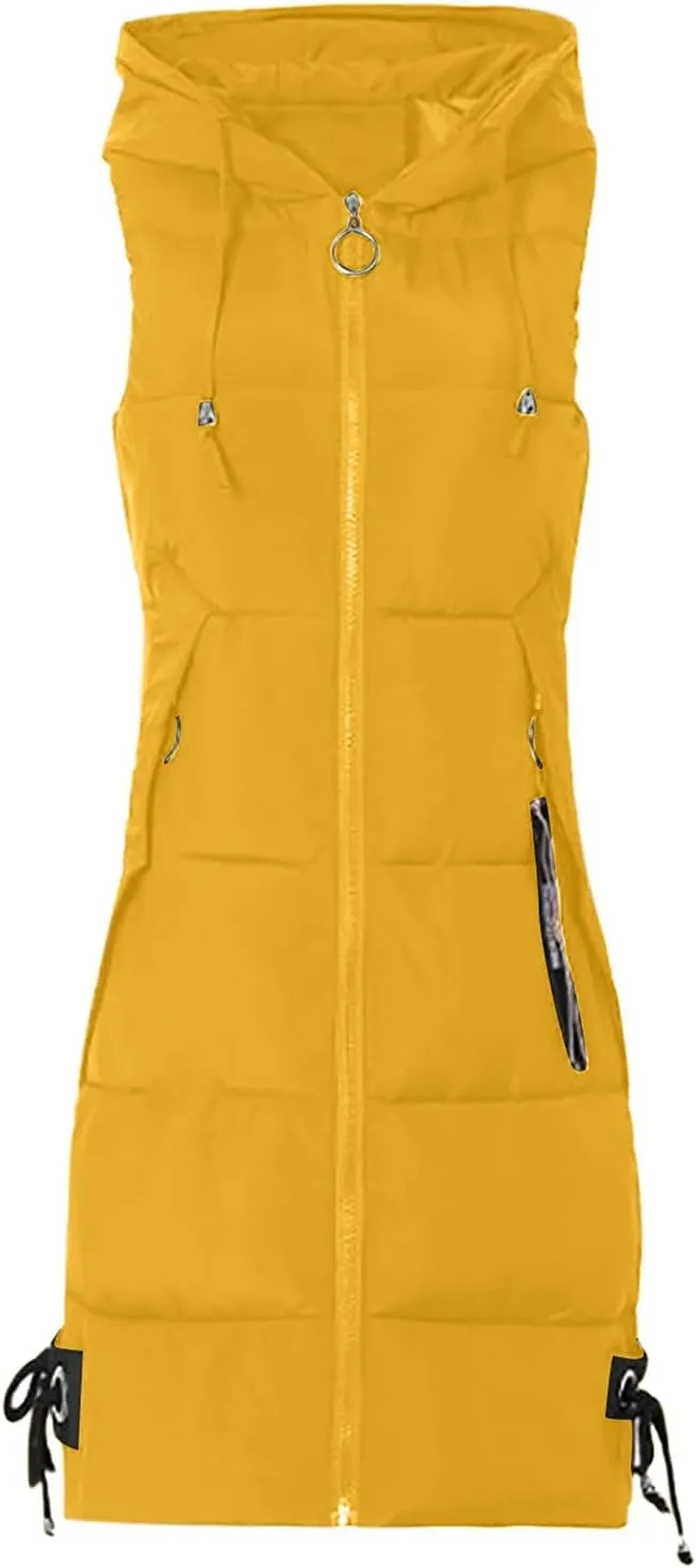 RKSTN Down Vest Sleeveless Puffer Jacket for Women Long Winter Coats Vest with Hood Warm Down Coat Outdoor Zipper Outerwear