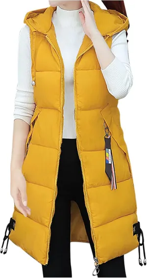 RKSTN Down Vest Sleeveless Puffer Jacket for Women Long Winter Coats Vest with Hood Warm Down Coat Outdoor Zipper Outerwear