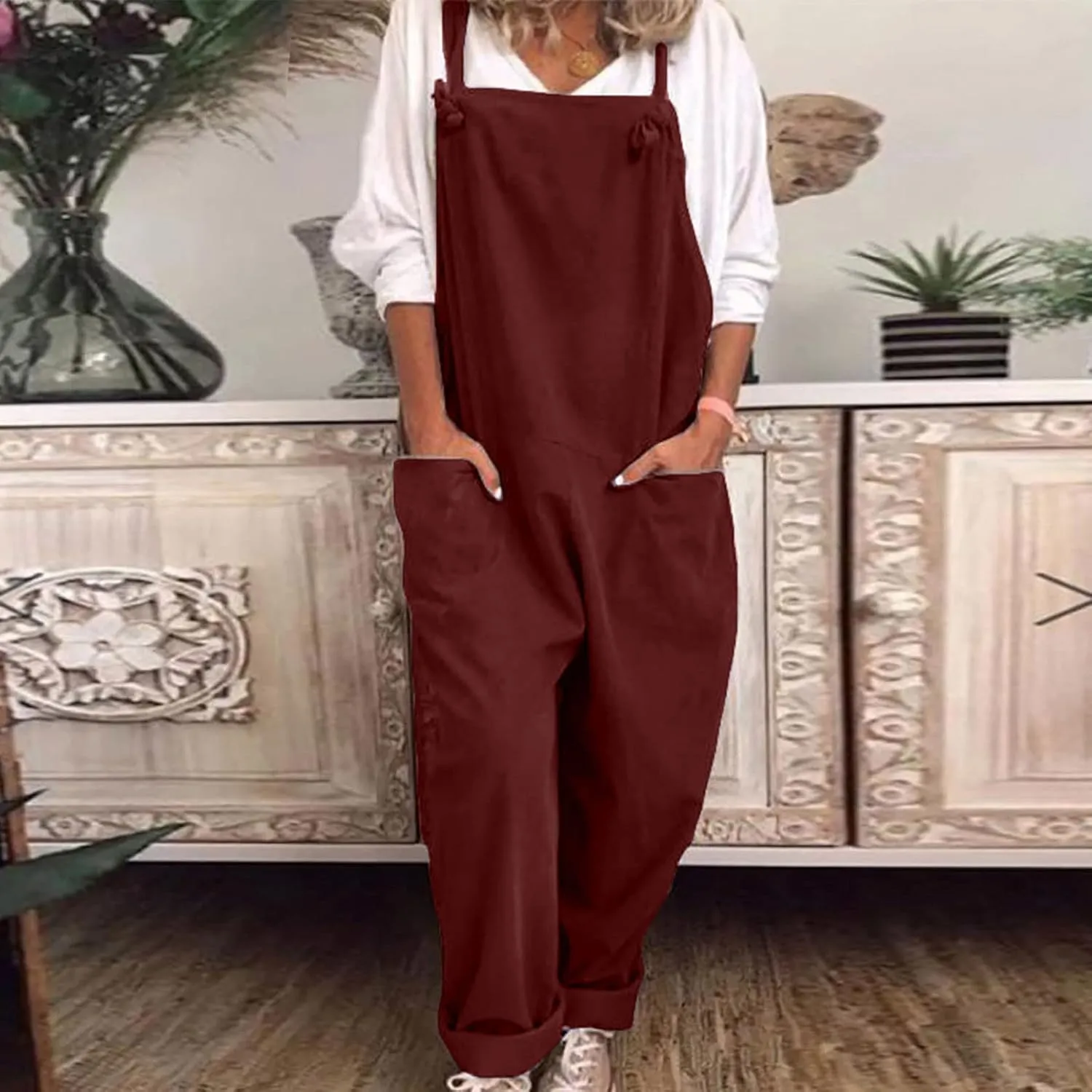 Rompers for Women Casual Dressy Cotton Linen Spaghetti Strap Summer Jumpsuits With Pockets Harem Long Pants Overalls
