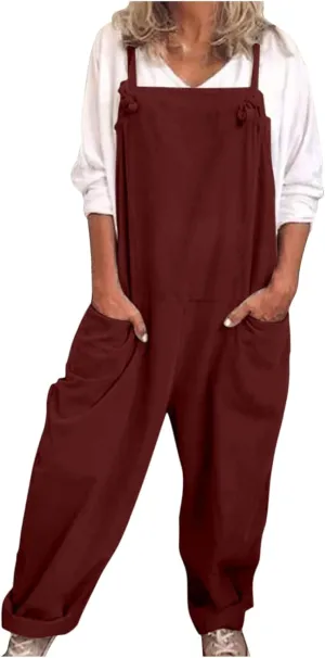 Rompers for Women Casual Dressy Cotton Linen Spaghetti Strap Summer Jumpsuits With Pockets Harem Long Pants Overalls