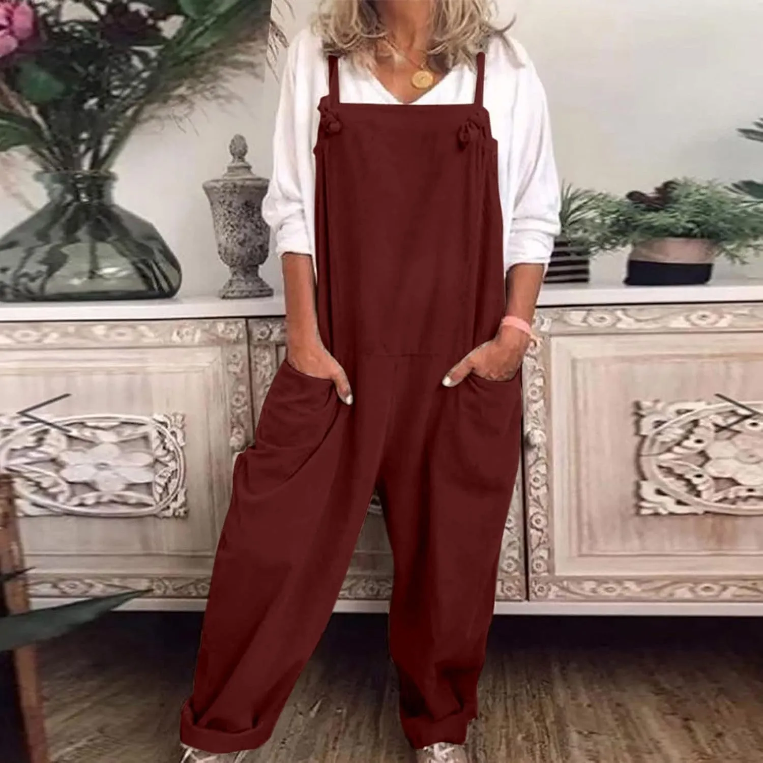 Rompers for Women Casual Dressy Cotton Linen Spaghetti Strap Summer Jumpsuits With Pockets Harem Long Pants Overalls