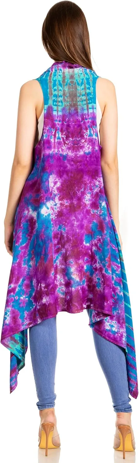 Sakkas Ivana Women's Oversized Draped Open Front Sleeveless Cardigan in Tie Dye