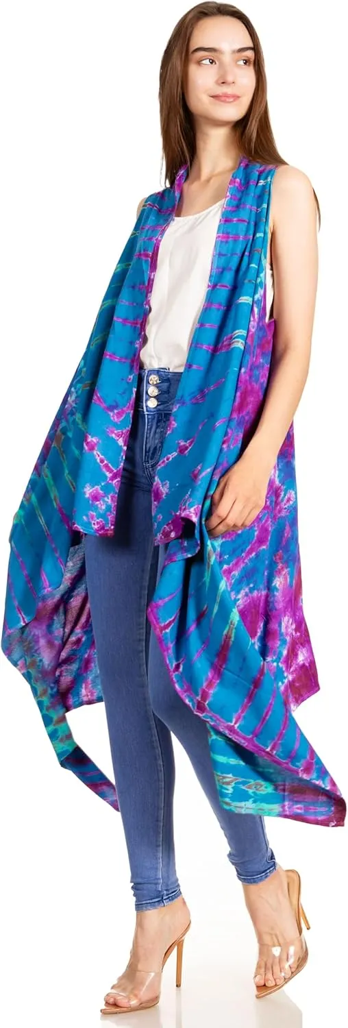 Sakkas Ivana Women's Oversized Draped Open Front Sleeveless Cardigan in Tie Dye