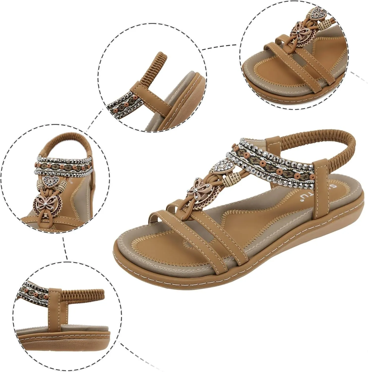 Sandals for Women 2025 Dressy Bohemian Flats Sandals Elastic Ankle Strap Walking Shoes Casual Beach Sandals