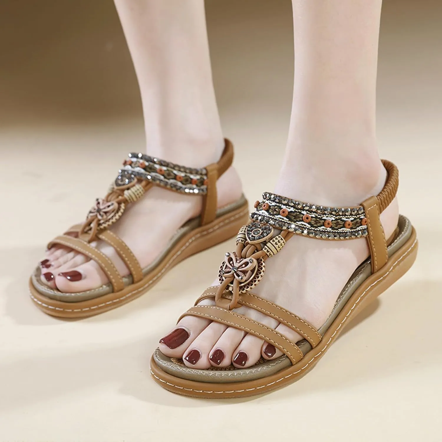 Sandals for Women 2025 Dressy Bohemian Flats Sandals Elastic Ankle Strap Walking Shoes Casual Beach Sandals