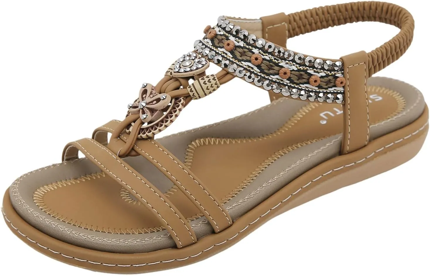 Sandals for Women 2025 Dressy Bohemian Flats Sandals Elastic Ankle Strap Walking Shoes Casual Beach Sandals
