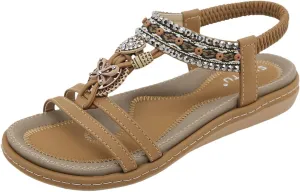 Sandals for Women 2025 Dressy Bohemian Flats Sandals Elastic Ankle Strap Walking Shoes Casual Beach Sandals