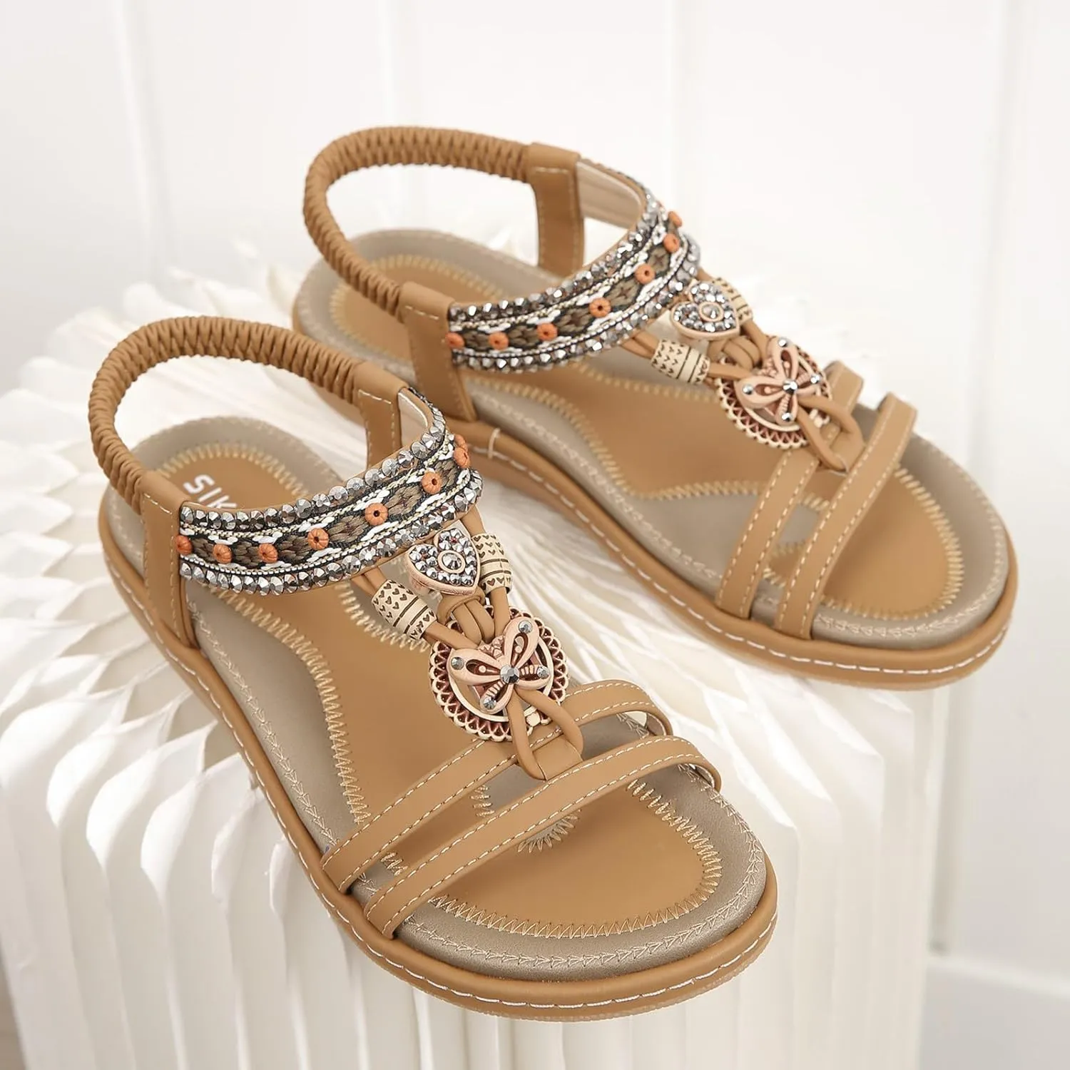 Sandals for Women 2025 Dressy Bohemian Flats Sandals Elastic Ankle Strap Walking Shoes Casual Beach Sandals