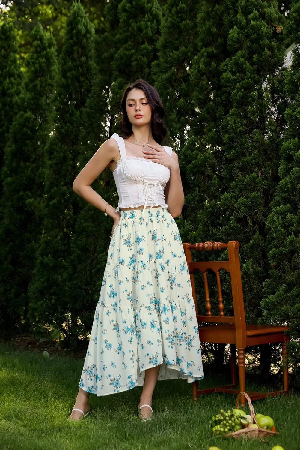 Scarlet Darkness Floral Skirts for Women Tiered Maxi Long Skirt High-Low Renaissance Skirt