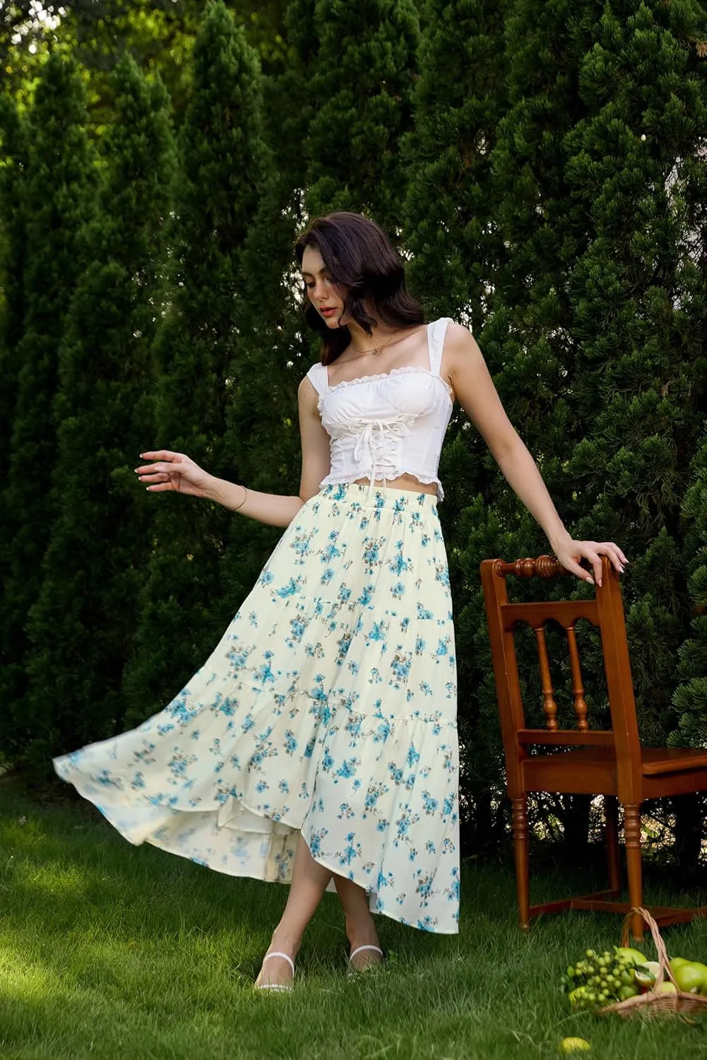 Scarlet Darkness Floral Skirts for Women Tiered Maxi Long Skirt High-Low Renaissance Skirt