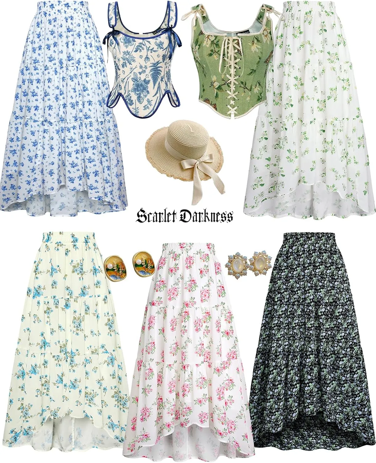 Scarlet Darkness Floral Skirts for Women Tiered Maxi Long Skirt High-Low Renaissance Skirt