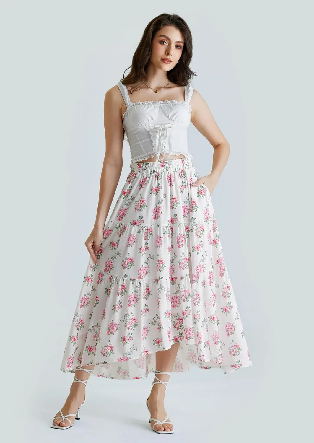 Scarlet Darkness Floral Skirts for Women Tiered Maxi Long Skirt High-Low Renaissance Skirt