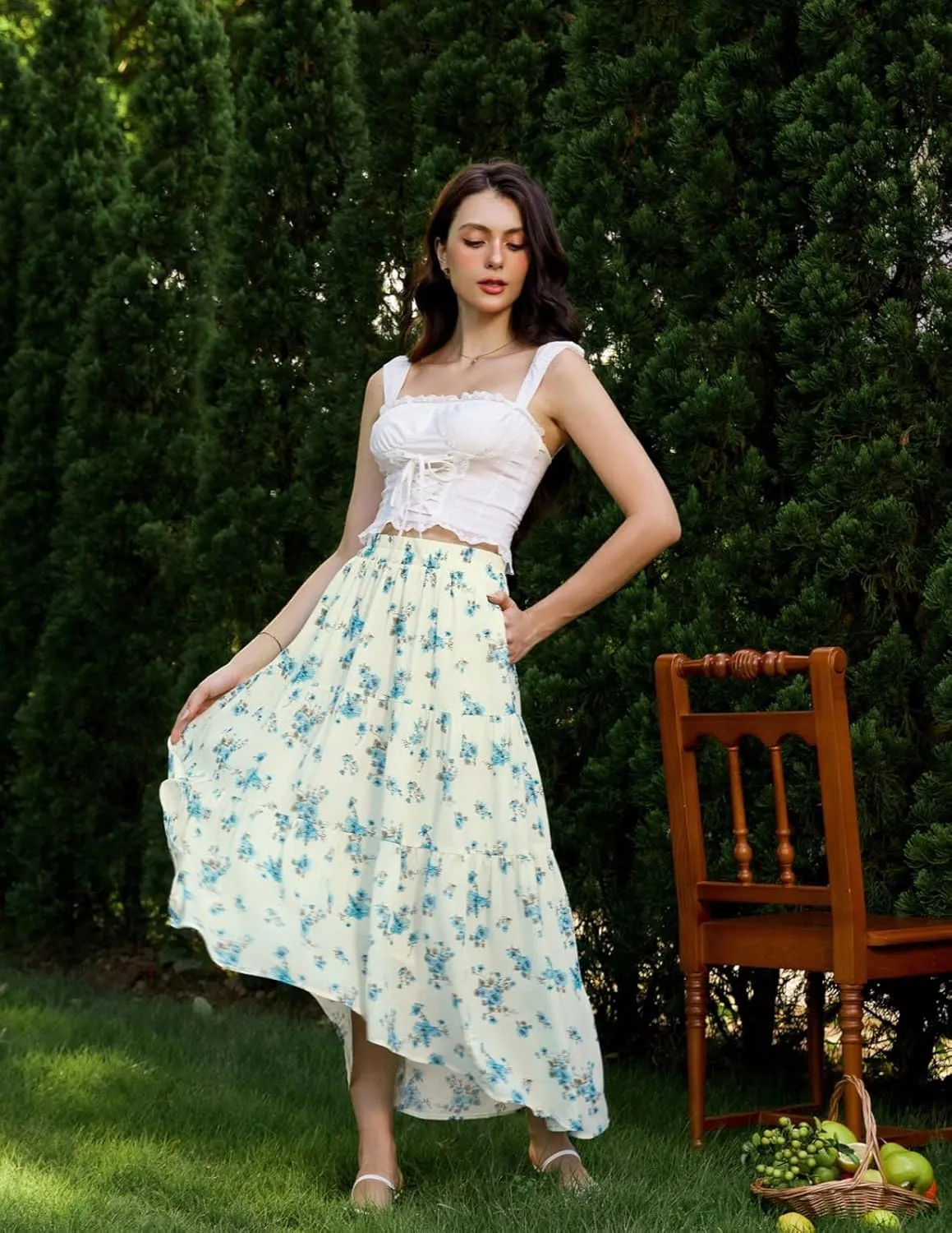 Scarlet Darkness Floral Skirts for Women Tiered Maxi Long Skirt High-Low Renaissance Skirt