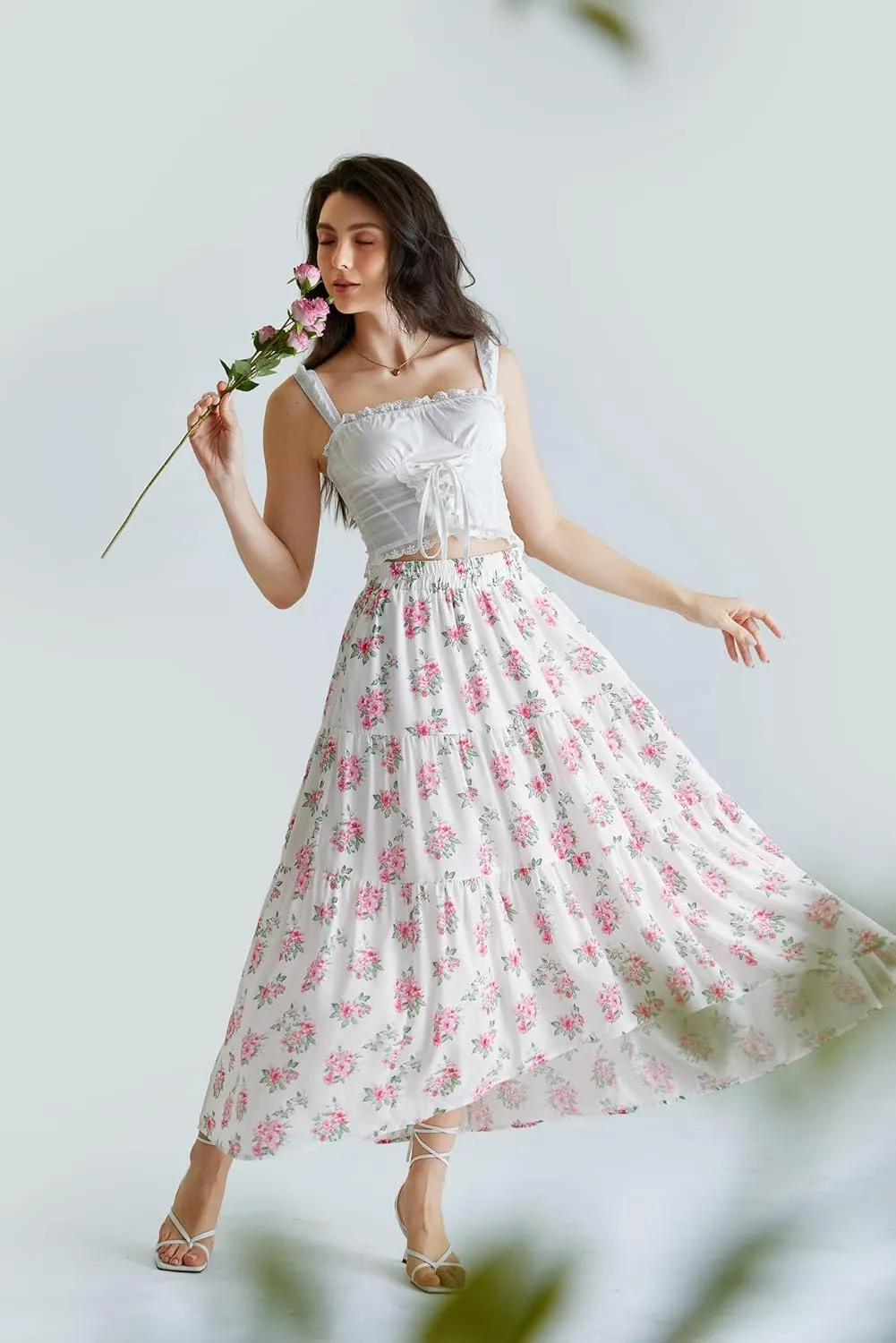 Scarlet Darkness Floral Skirts for Women Tiered Maxi Long Skirt High-Low Renaissance Skirt