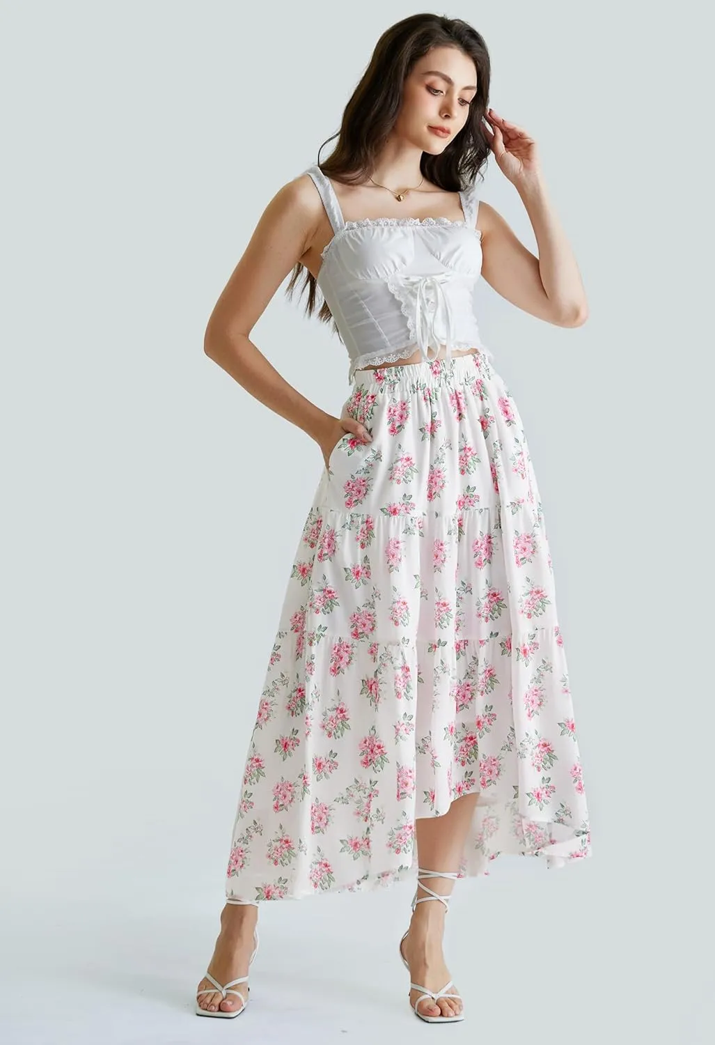 Scarlet Darkness Floral Skirts for Women Tiered Maxi Long Skirt High-Low Renaissance Skirt