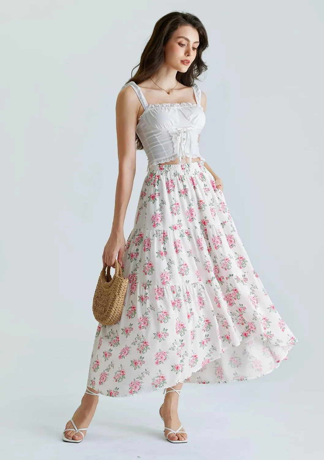 Scarlet Darkness Floral Skirts for Women Tiered Maxi Long Skirt High-Low Renaissance Skirt