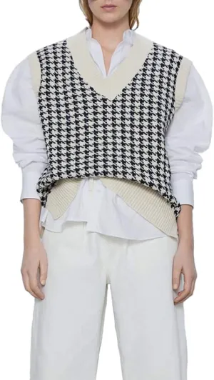 Sdencin Women Houndstooth Pattern Knit Sweater Vest Sleeveless Loose V-Neck 90s Waistcoat Pullover Knitwear Top