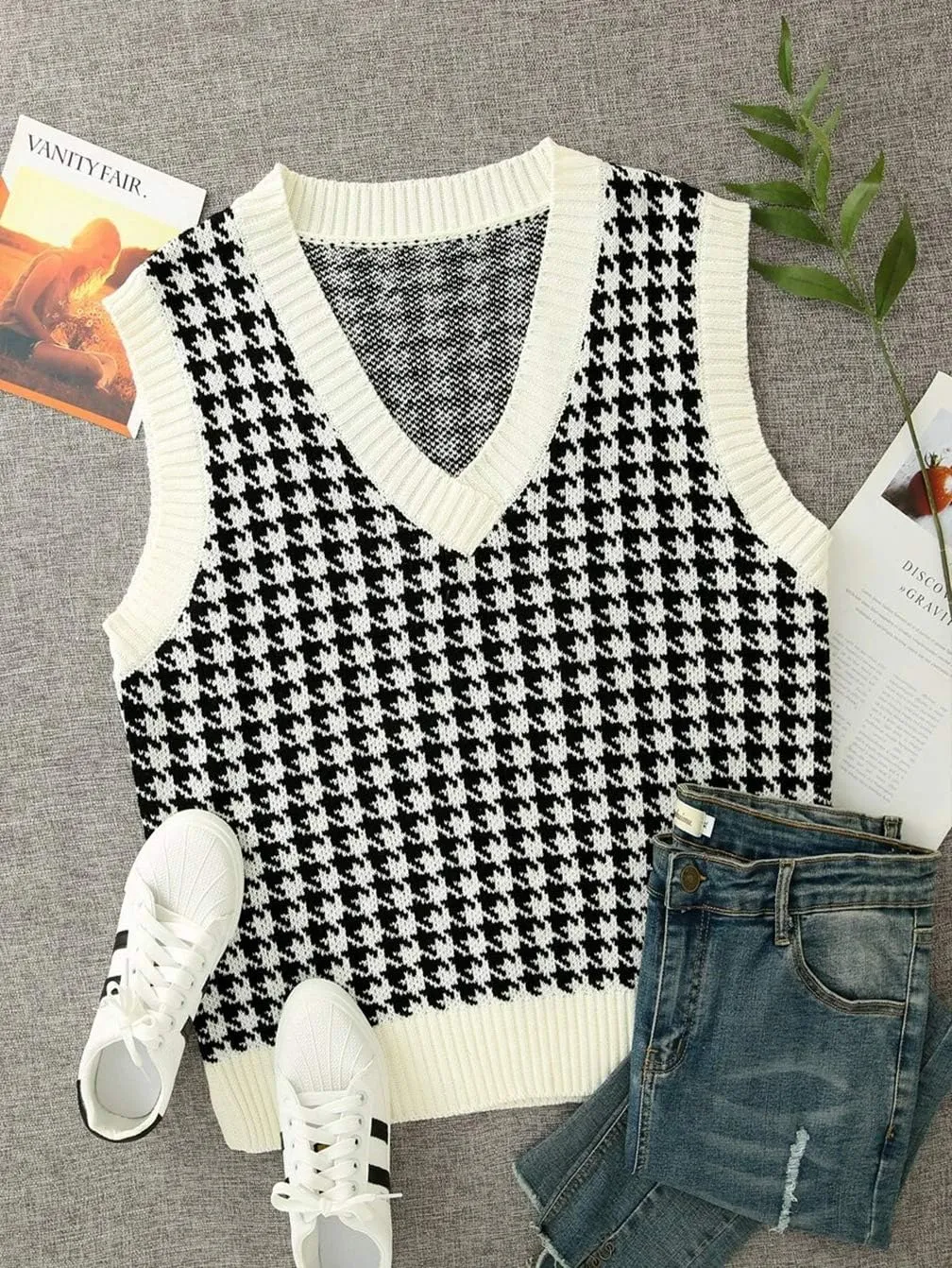 Sdencin Women Houndstooth Pattern Knit Sweater Vest Sleeveless Loose V-Neck 90s Waistcoat Pullover Knitwear Top
