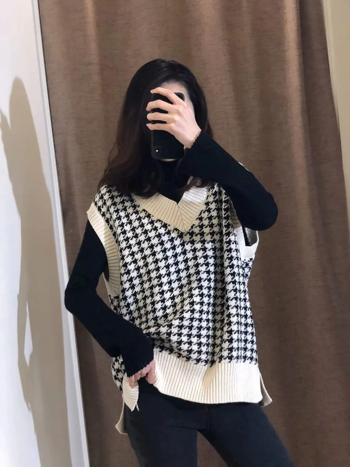 Sdencin Women Houndstooth Pattern Knit Sweater Vest Sleeveless Loose V-Neck 90s Waistcoat Pullover Knitwear Top