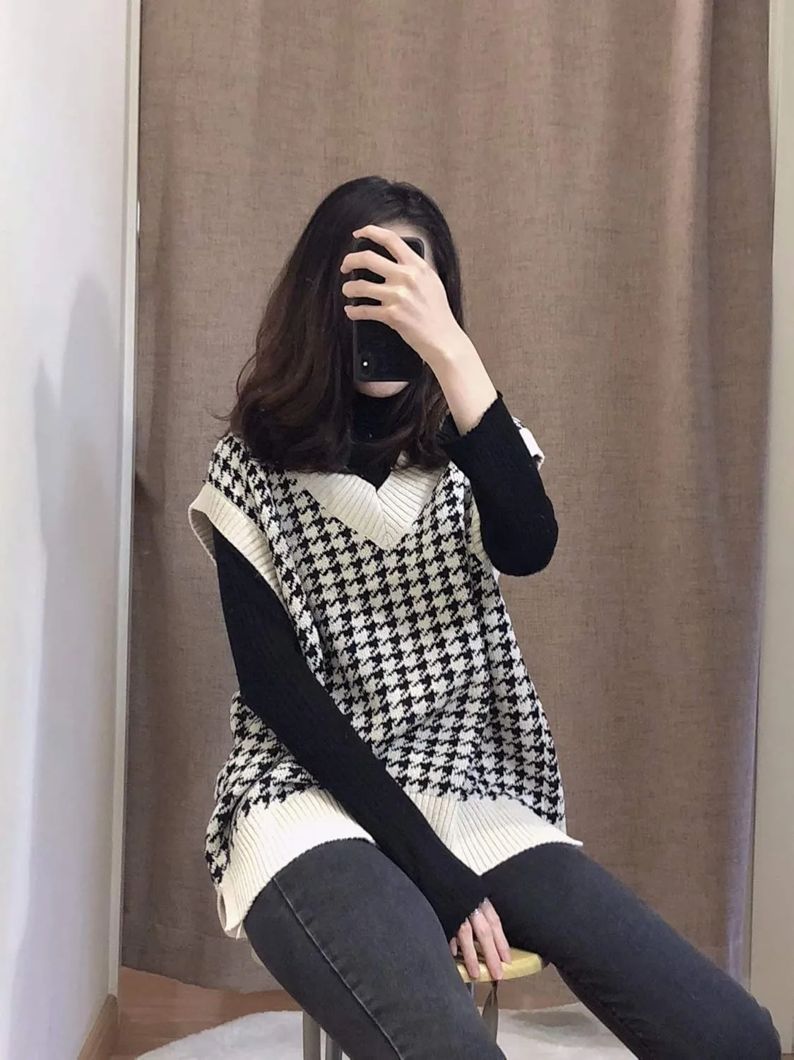 Sdencin Women Houndstooth Pattern Knit Sweater Vest Sleeveless Loose V-Neck 90s Waistcoat Pullover Knitwear Top