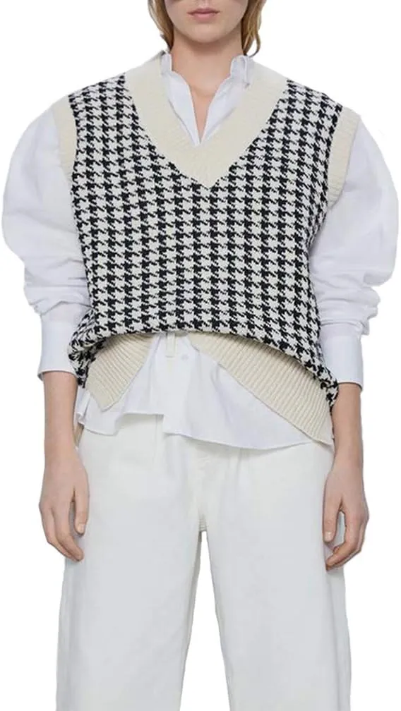 Sdencin Women Houndstooth Pattern Knit Sweater Vest Sleeveless Loose V-Neck 90s Waistcoat Pullover Knitwear Top
