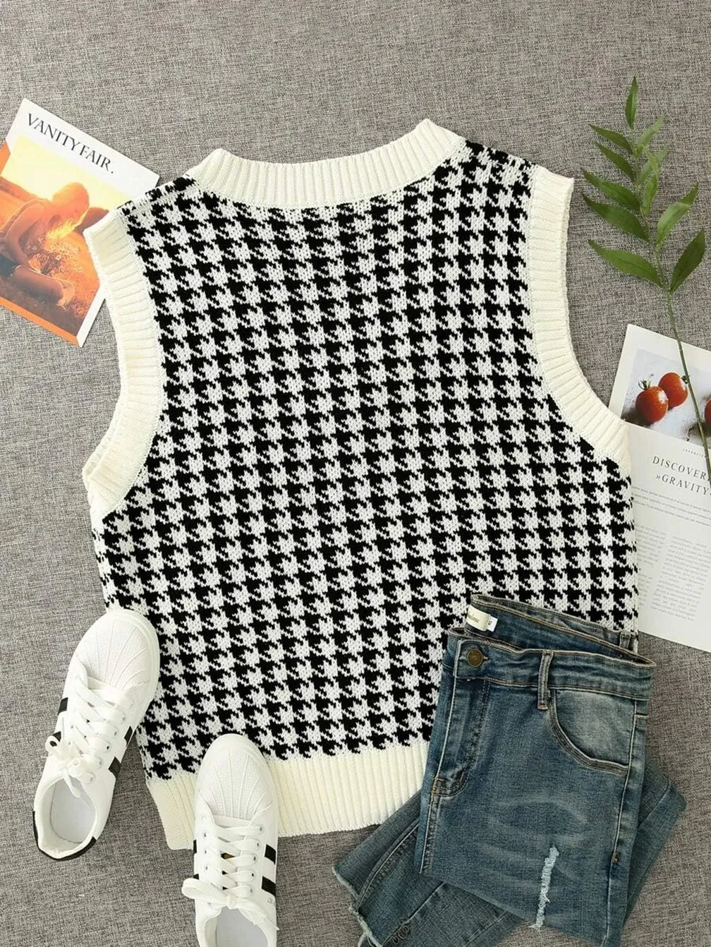 Sdencin Women Houndstooth Pattern Knit Sweater Vest Sleeveless Loose V-Neck 90s Waistcoat Pullover Knitwear Top