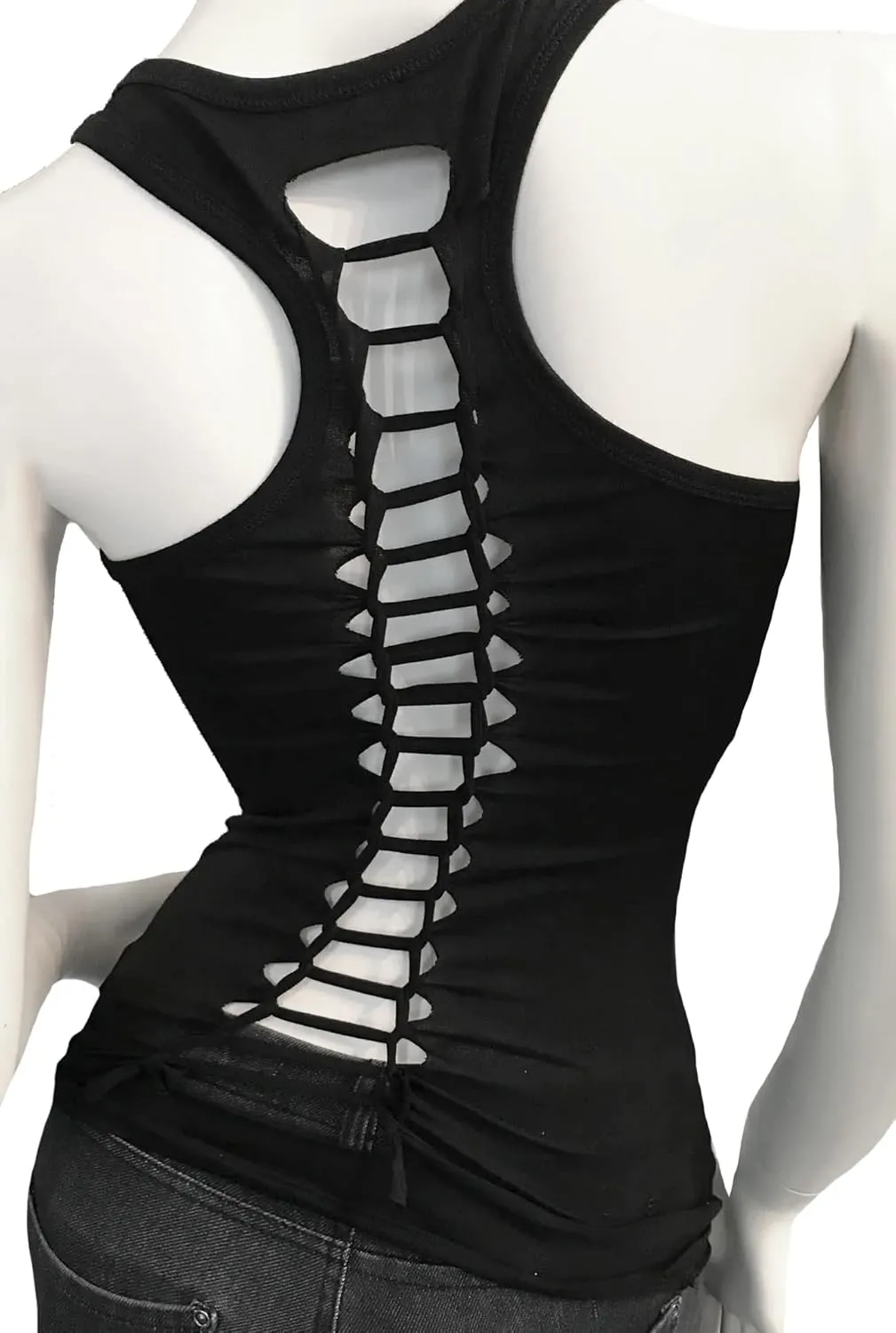Sexy Biker Tattoo Skull Tee Motorcyle Graphic Rock Racerback Cutout Slashed Tank Top