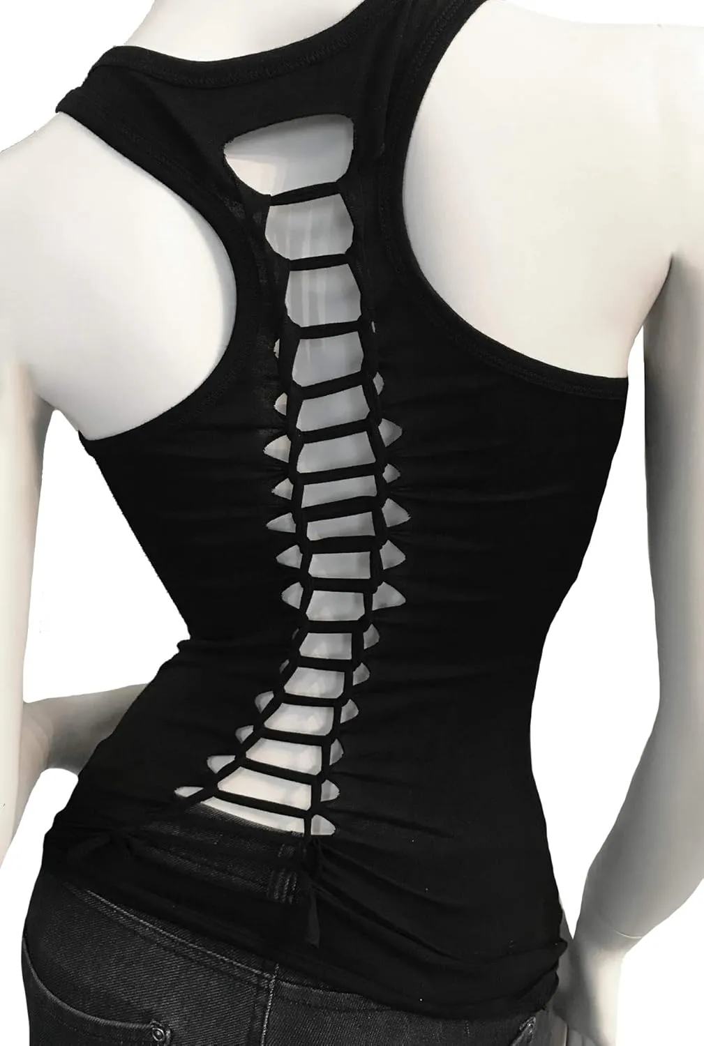 Sexy Biker Tattoo Skull Tee Motorcyle Graphic Rock Racerback Cutout Slashed Tank Top