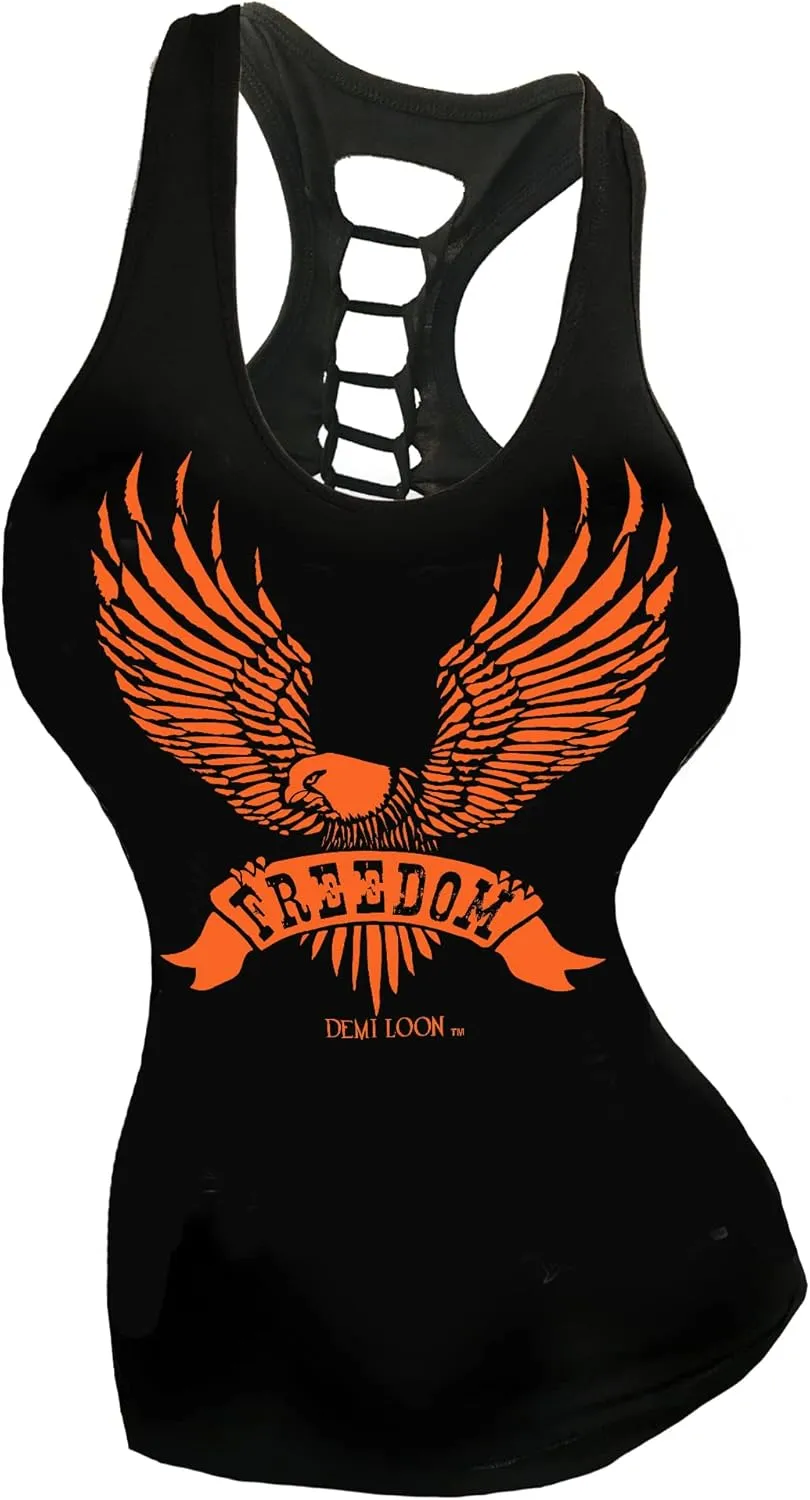 Sexy Biker Tattoo Skull Tee Motorcyle Graphic Rock Racerback Cutout Slashed Tank Top