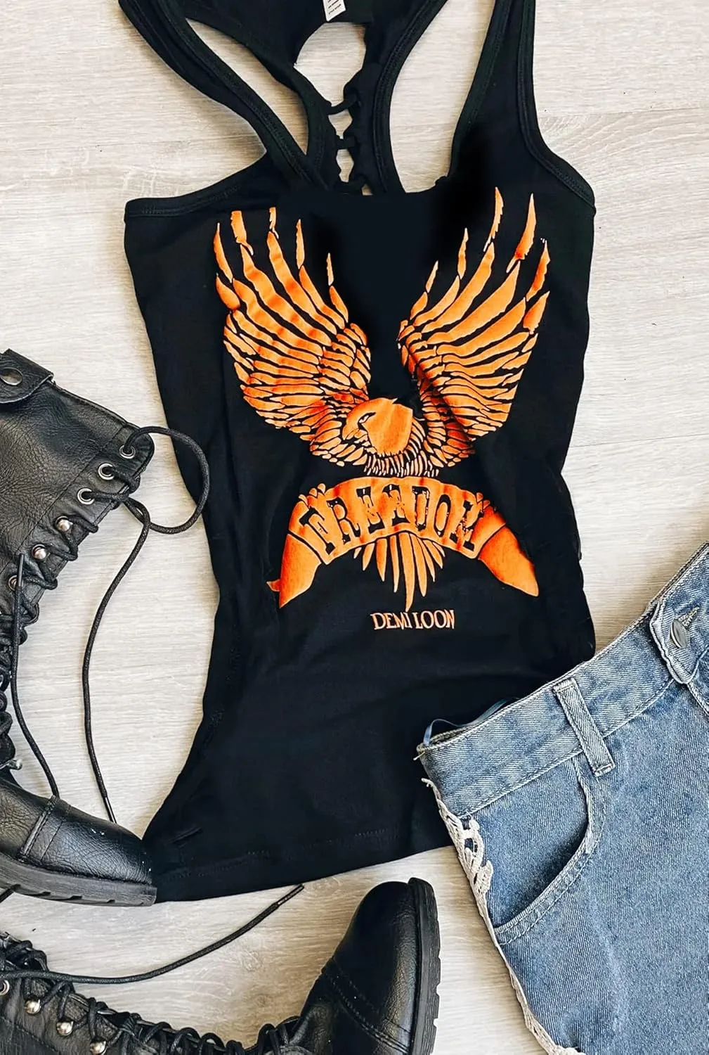 Sexy Biker Tattoo Skull Tee Motorcyle Graphic Rock Racerback Cutout Slashed Tank Top