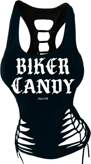 Sexy Biker Tattoo Skull Tee Motorcyle Graphic Rock Racerback Cutout Slashed Tank Top
