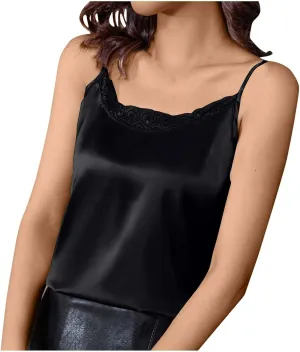 Sexy Lace Trim Cami Vest Women Satin Spaghetti Strap Sleeveless Tops Elegant Backless Summer Casual Camisole Blouses