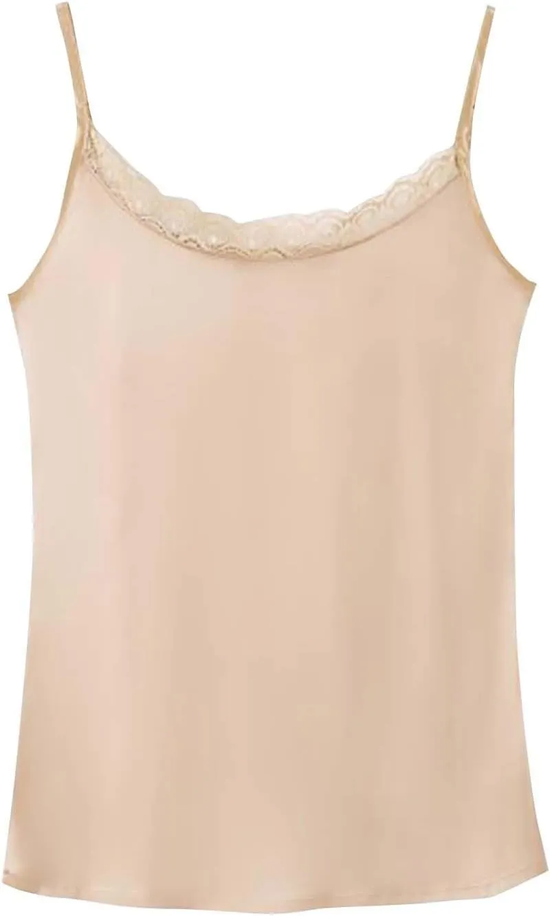 Sexy Lace Trim Cami Vest Women Satin Spaghetti Strap Sleeveless Tops Elegant Backless Summer Casual Camisole Blouses