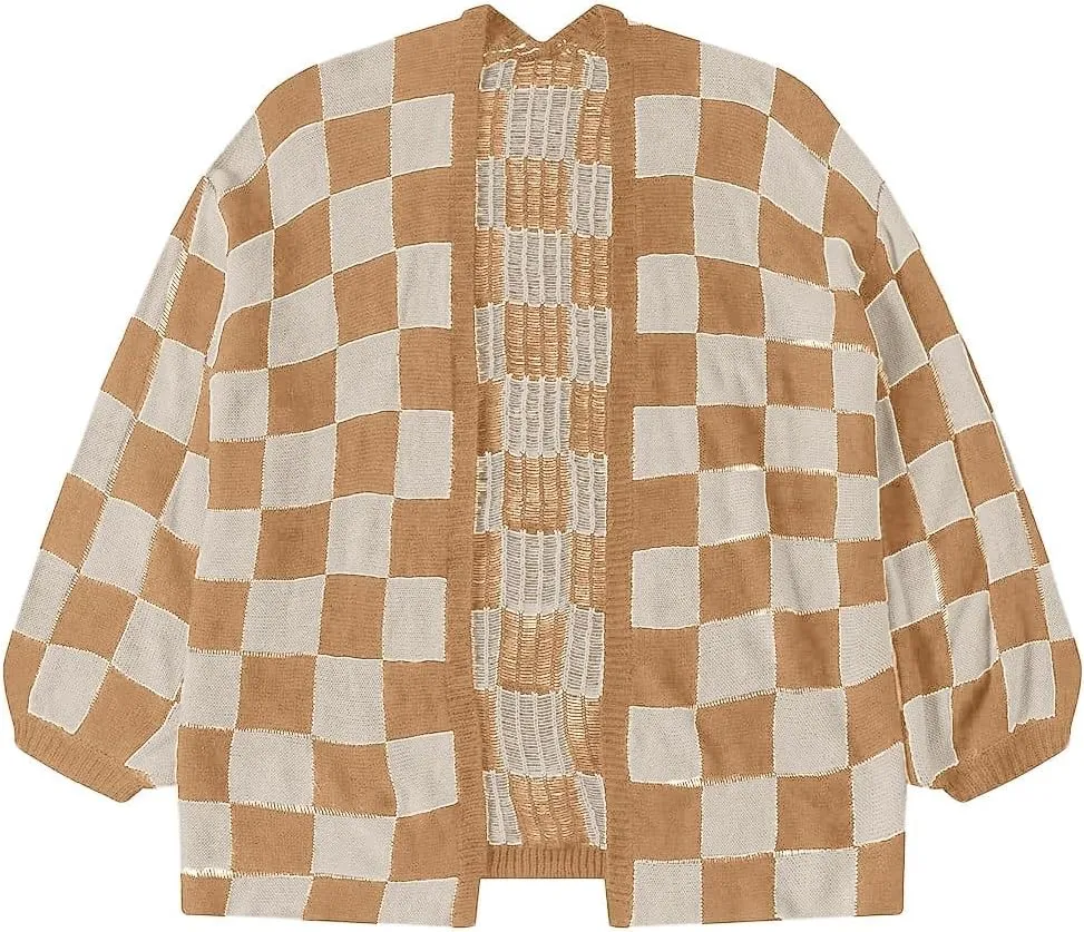 SHENHE Women's Oversized Plaid Outwear Open Front Knit Sweater Long Sleeve Casual Cardigan