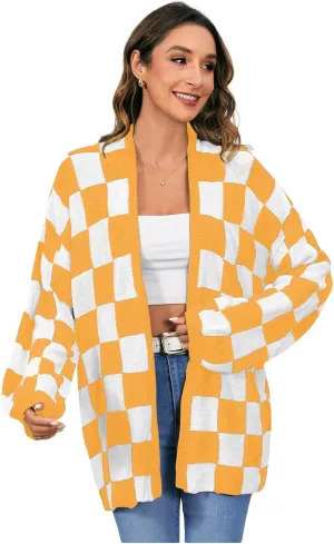 SHENHE Women's Oversized Plaid Outwear Open Front Knit Sweater Long Sleeve Casual Cardigan
