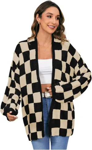 SHENHE Women's Oversized Plaid Outwear Open Front Knit Sweater Long Sleeve Casual Cardigan