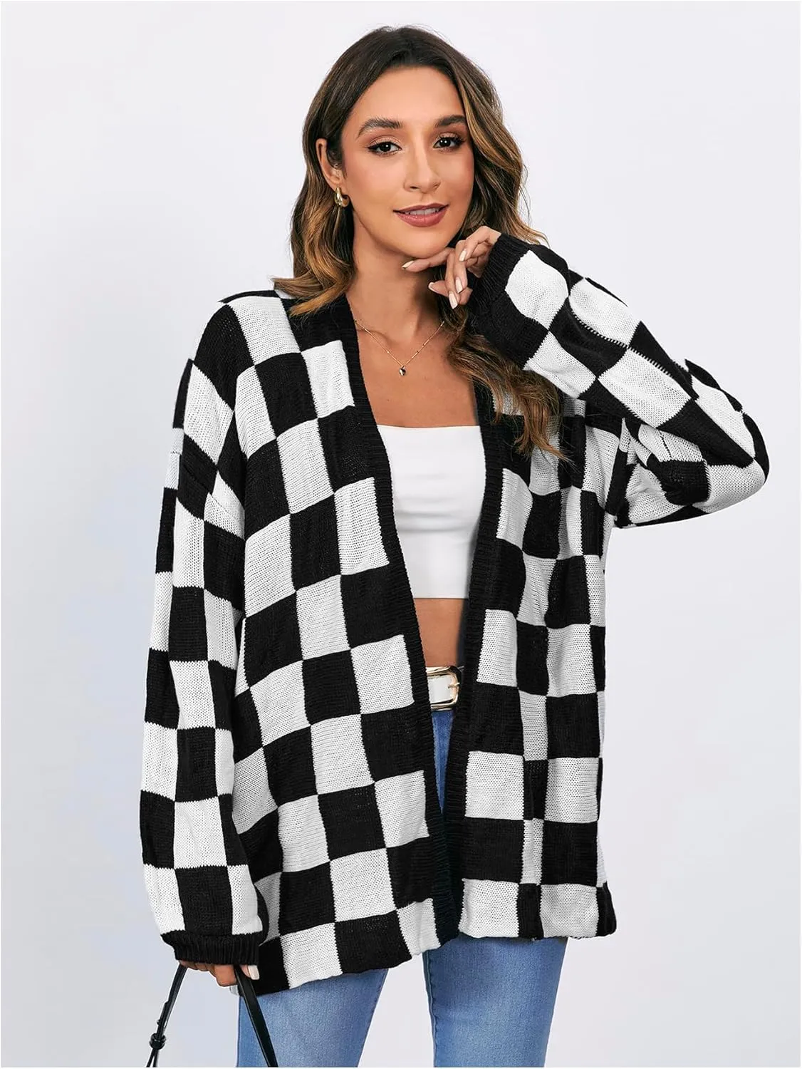 SHENHE Women's Oversized Plaid Outwear Open Front Knit Sweater Long Sleeve Casual Cardigan