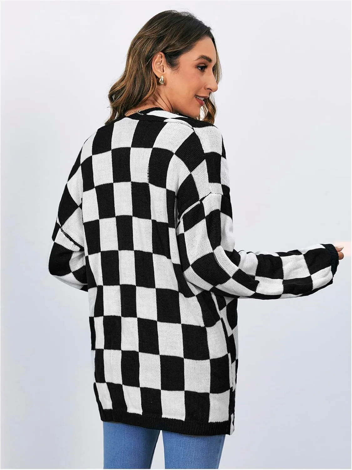 SHENHE Women's Oversized Plaid Outwear Open Front Knit Sweater Long Sleeve Casual Cardigan