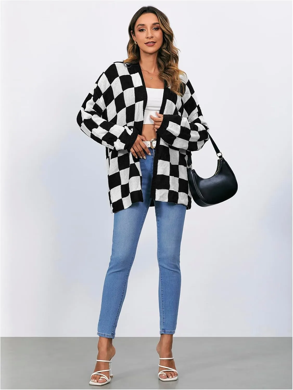 SHENHE Women's Oversized Plaid Outwear Open Front Knit Sweater Long Sleeve Casual Cardigan